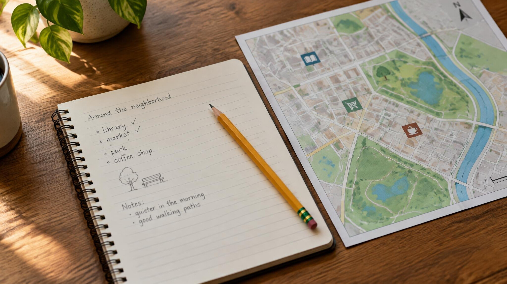 Notebook and pencil on a wooden desk