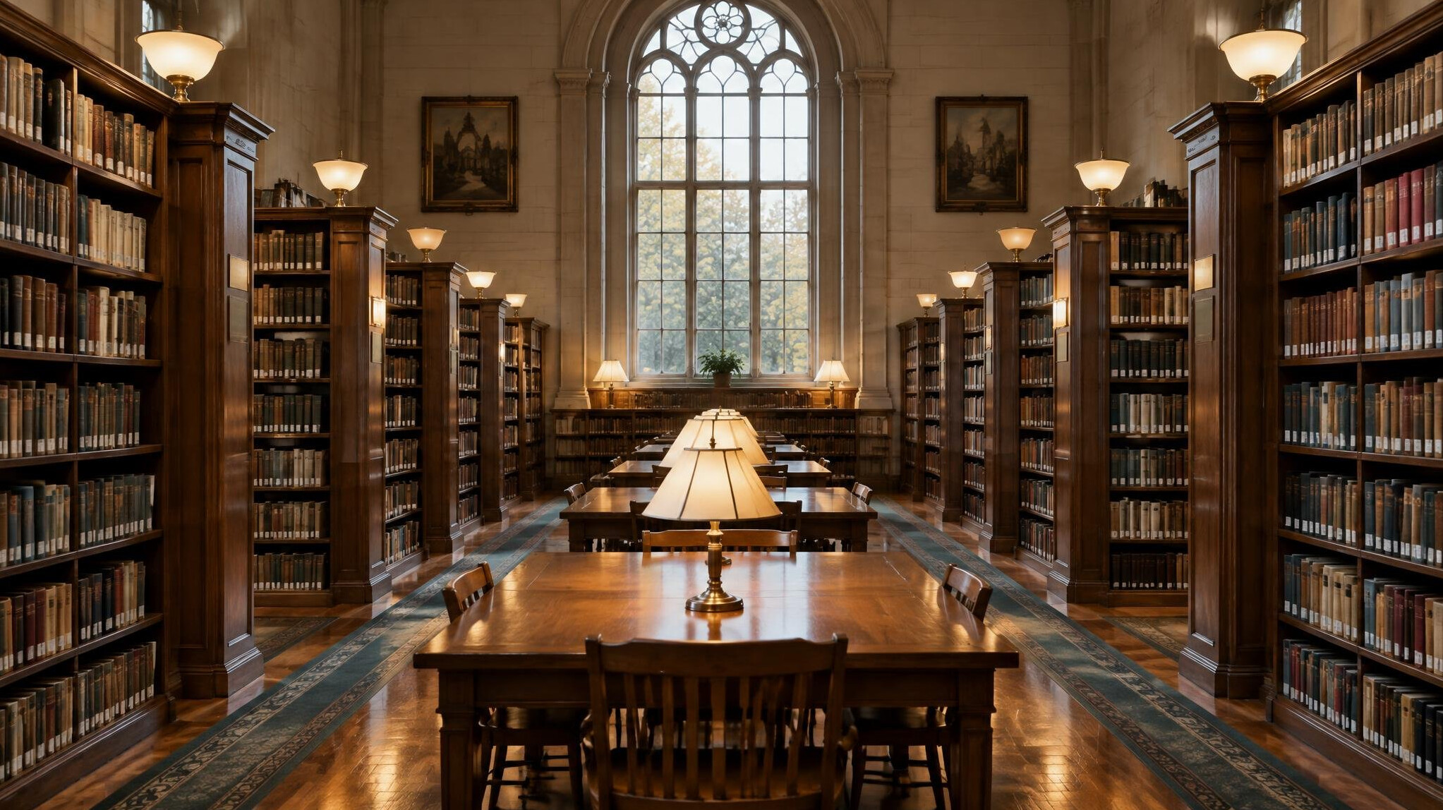 Quiet library with tall shelves of archived books