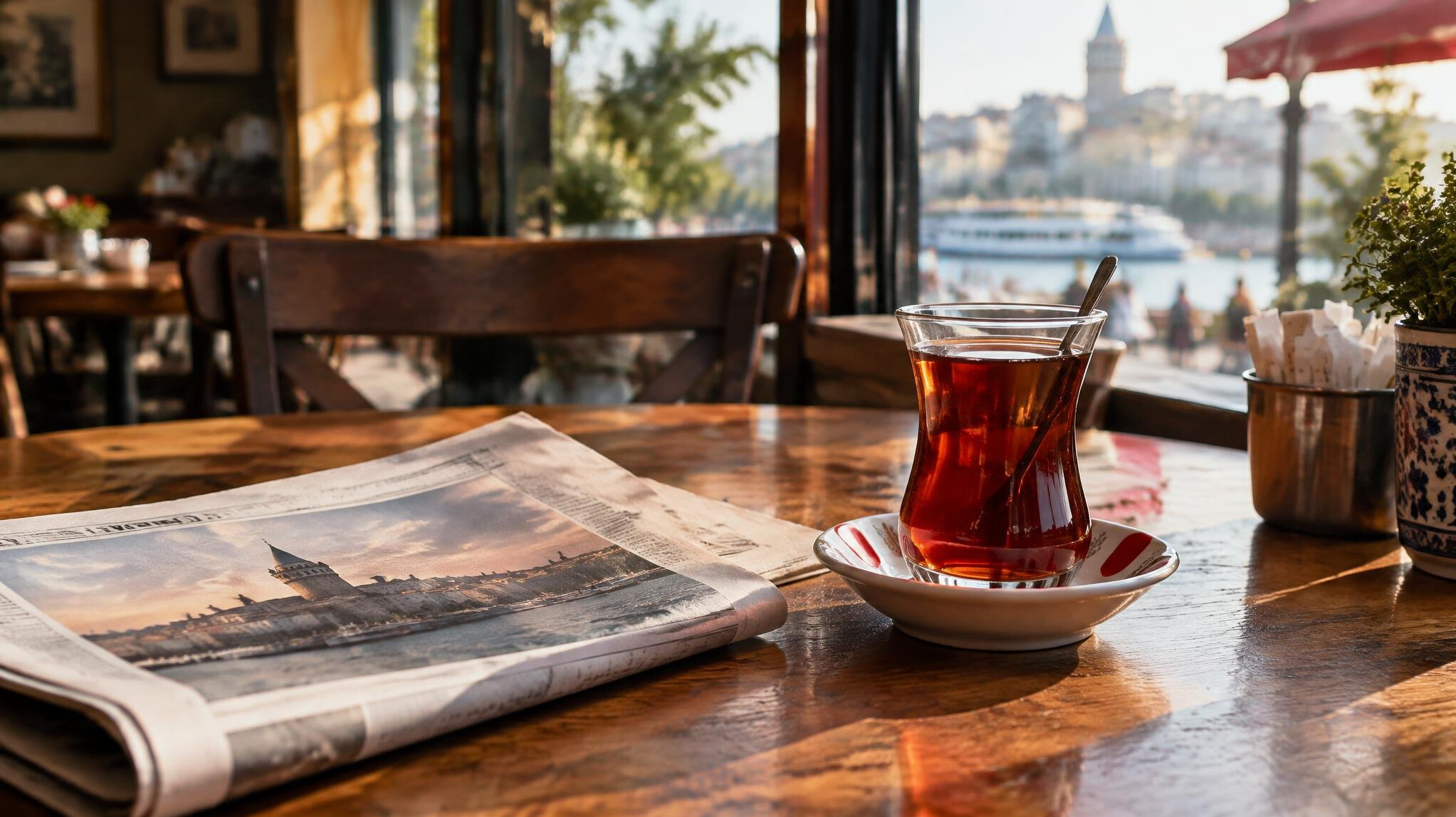 Journalist reading a newspaper at a city café table